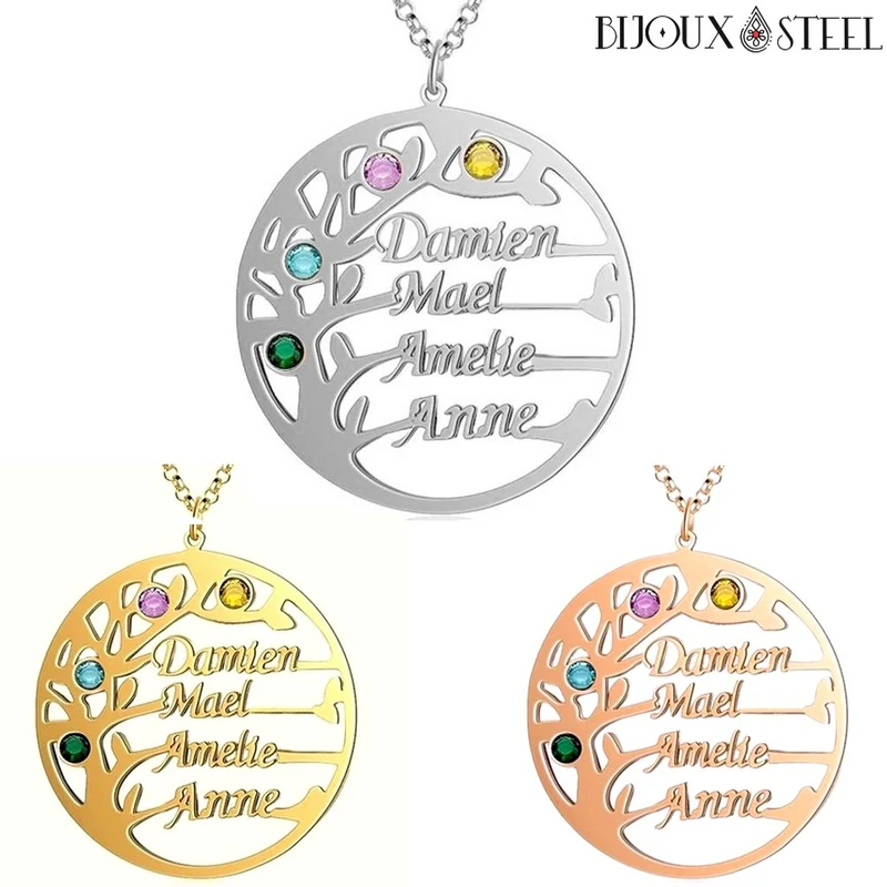 Collier arbre généalogique personnalisable 2 à 6 prénoms et ses pierres de naissances