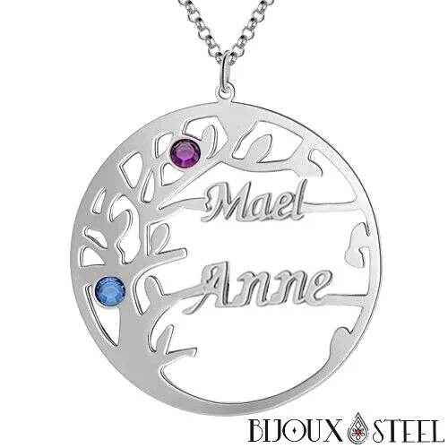 Collier arbre généalogique personnalisable 2 à 6 prénoms et ses pierres de naissances