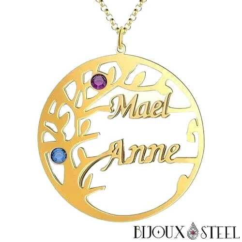 Collier arbre généalogique personnalisable 2 à 6 prénoms et ses pierres de naissances
