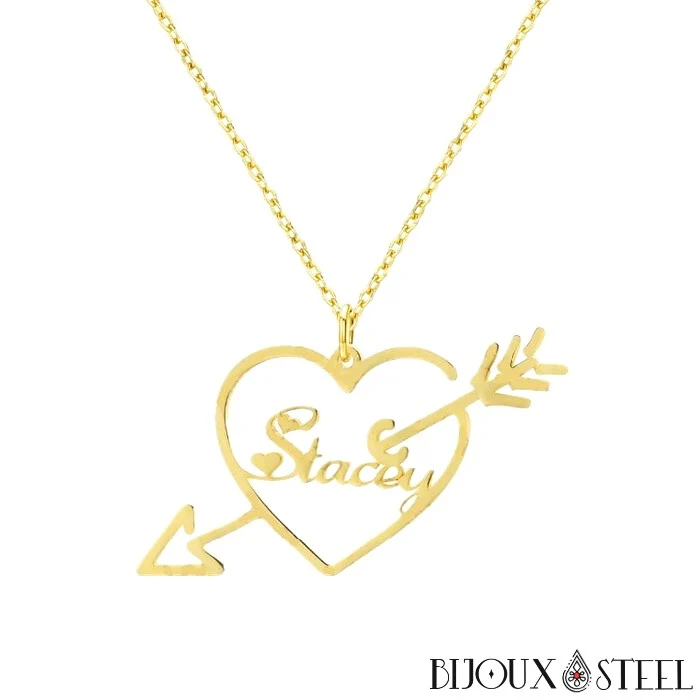 Collier cœur et sa flèche de l'amour à prénom personnalisé en acier chirurgical