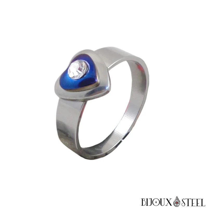 Bague argentée à cœur bleu électrique serti de son strass blanc cristal
