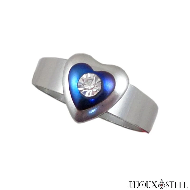 Bague argentée à cœur bleu électrique serti de son strass blanc cristal