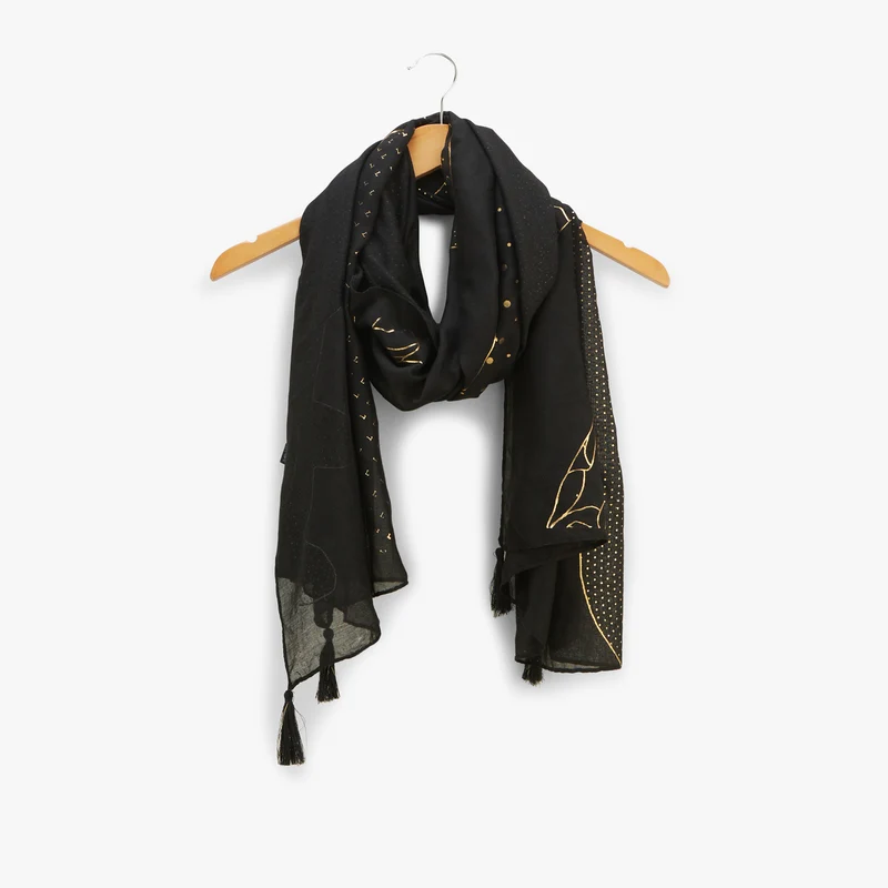 Foulard rectangulaire noir et chats dorés Oizon