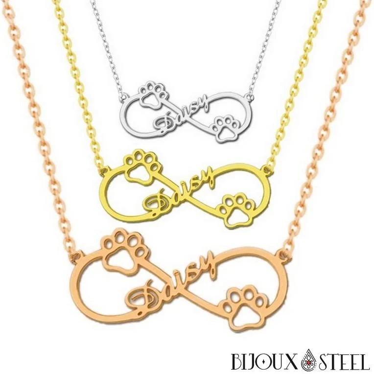 Collier infini personnalisé à prénom et pattes de chien ou chat