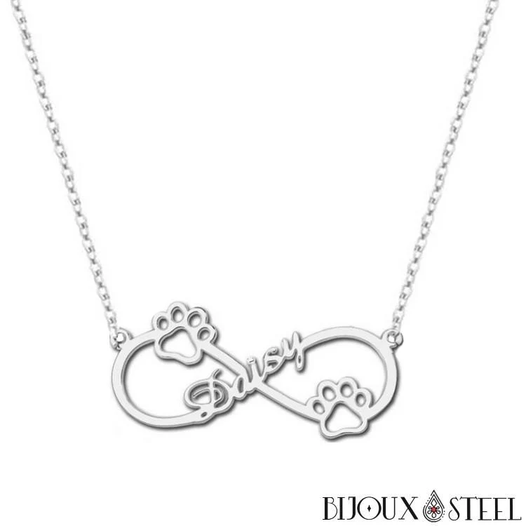 Collier infini personnalisé à prénom et pattes de chien ou chat