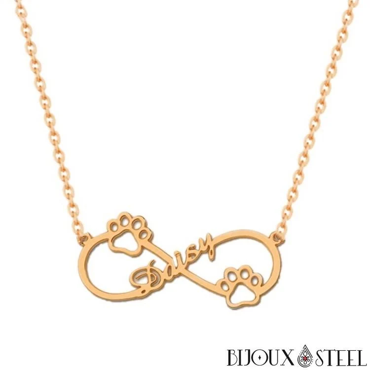 Collier infini personnalisé à prénom et pattes de chien ou chat