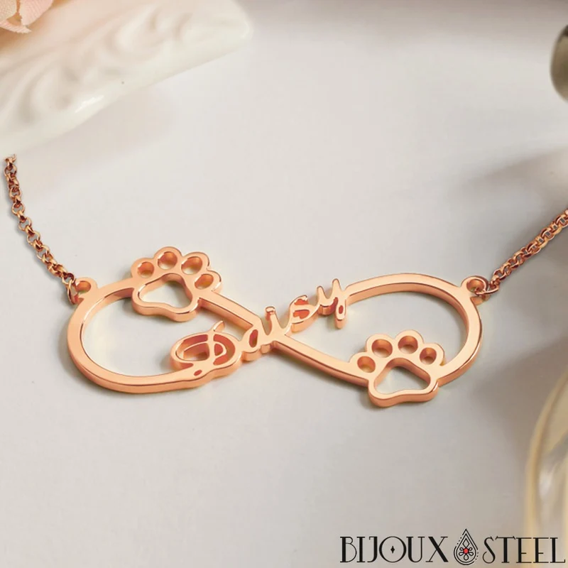 Collier infini personnalisé à prénom et pattes de chien ou chat