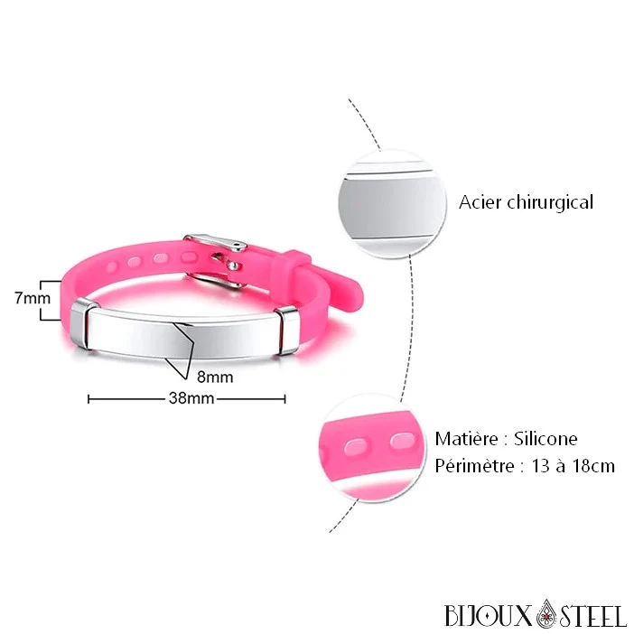 Bracelet personnalisable d'identification pour enfants en silicone et acier