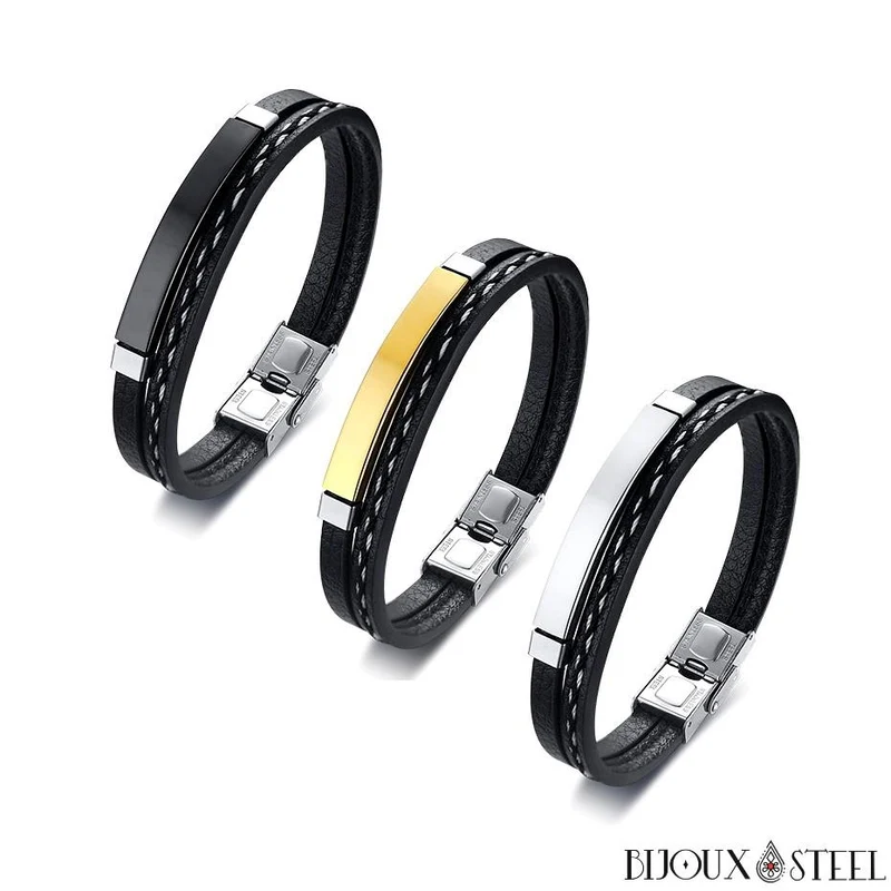 Bracelet homme personnalisable en simili cuir et acier inoxydable