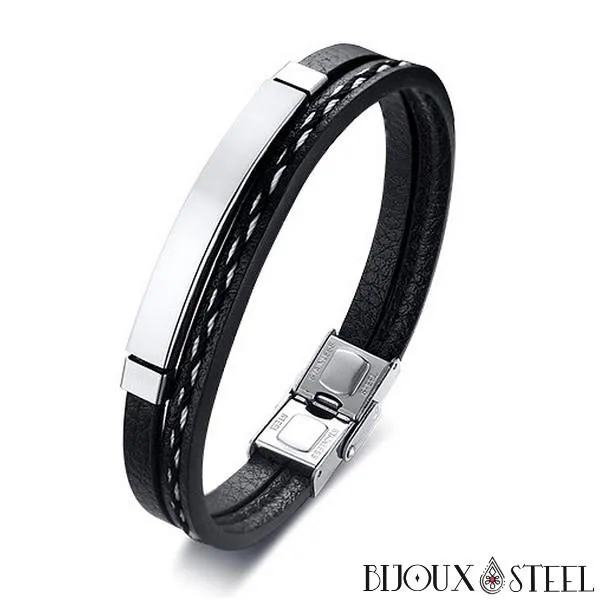 Bracelet homme personnalisable en simili cuir et acier inoxydable