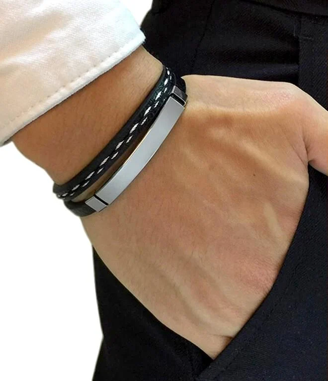 Bracelet homme personnalisable en simili cuir et acier inoxydable