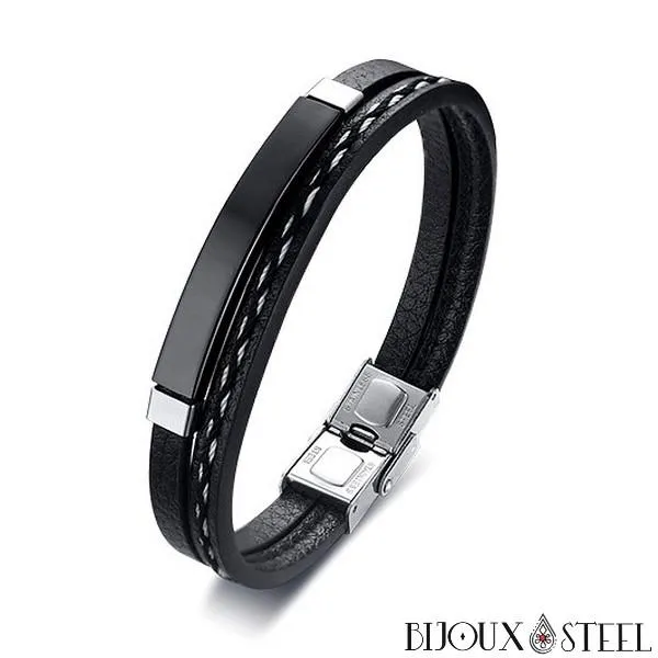 Bracelet homme personnalisable en simili cuir et acier inoxydable