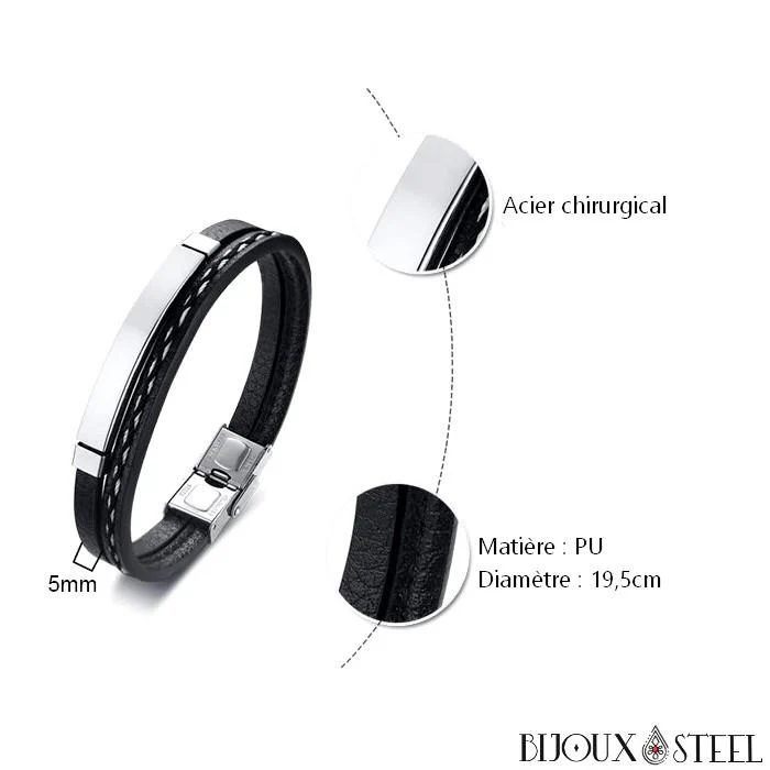 Bracelet homme personnalisable en simili cuir et acier inoxydable