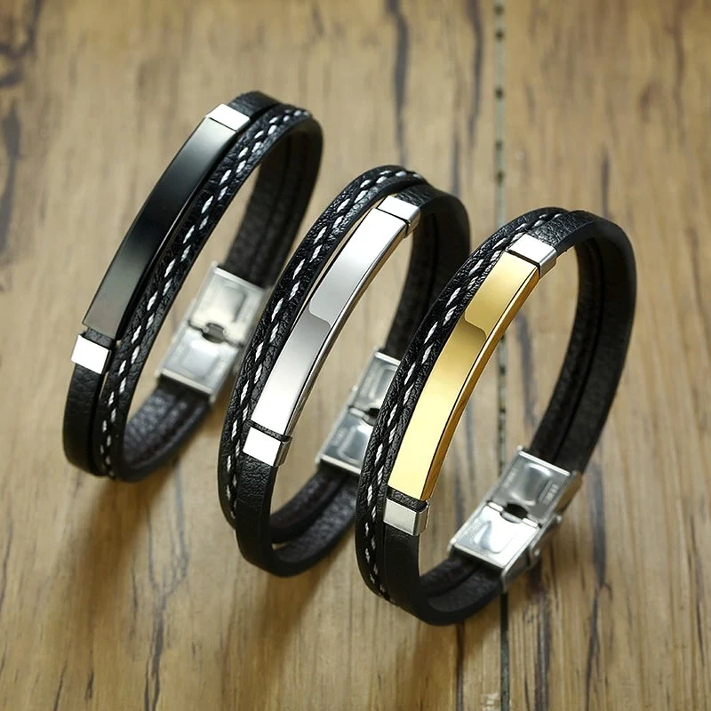 Bracelet homme personnalisable en simili cuir et acier inoxydable