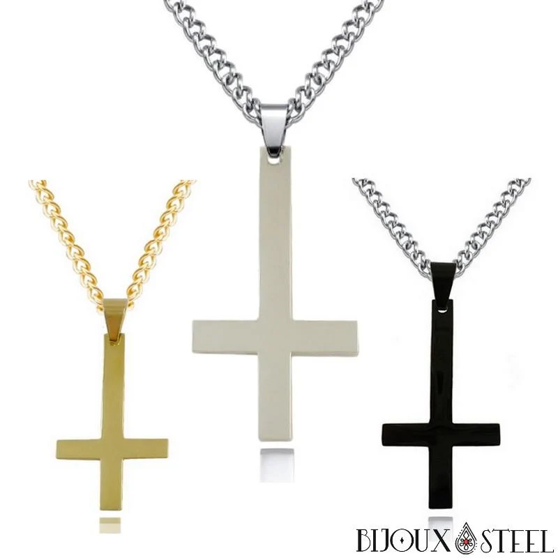 Collier à pendentif croix inversée en acier inoxydable