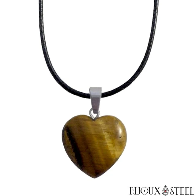 Collier à pendentif cœur en pierre d'oeil de tigre