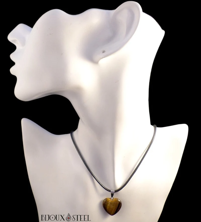 Collier à pendentif cœur en pierre d'oeil de tigre