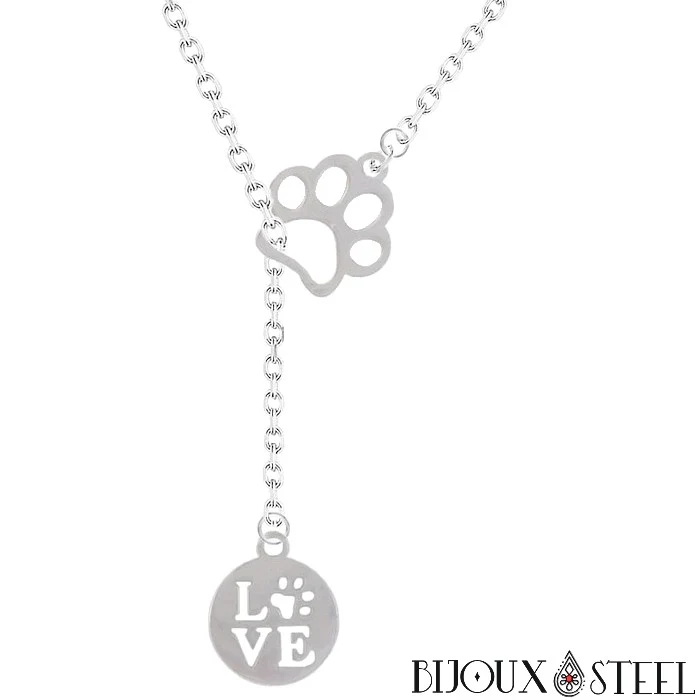 Collier patte de chien et son pendentif rond love en acier inoxydable