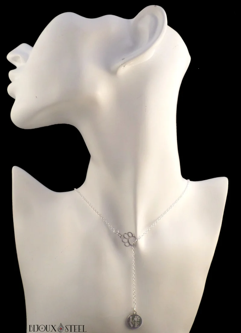 Collier patte de chien et son pendentif rond love en acier inoxydable