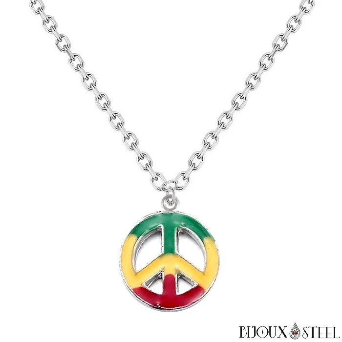 Collier à pendentif rond Peace and Love rasta