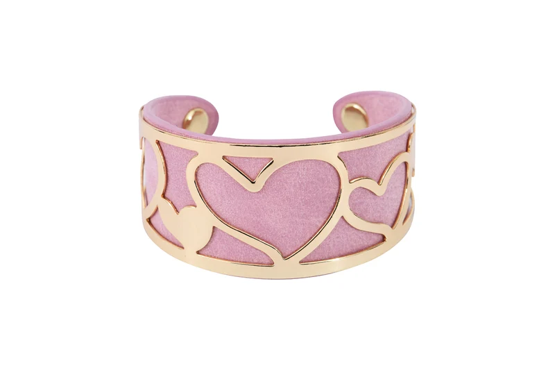 Manchette Cleo en laiton doré + cuir synthétique rose
