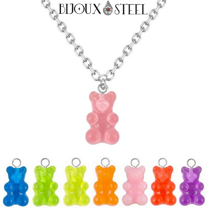 Collier à pendentif petit ourson en acrylique