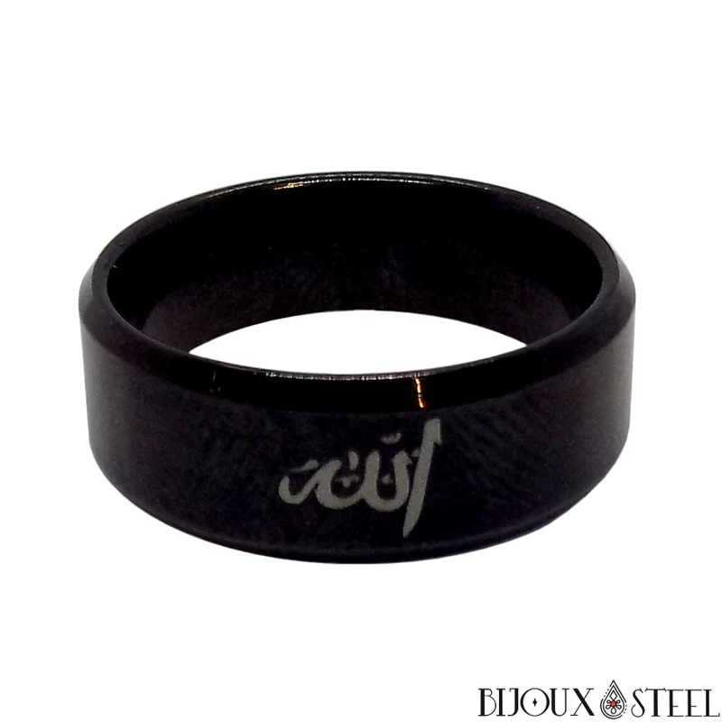 Bague noire musulmane à gravure Allah arabe en acier inoxydable