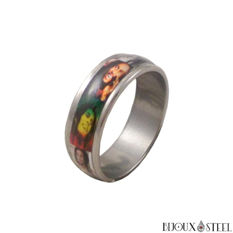 Bague argentée Bob Marley en acier chirurgical