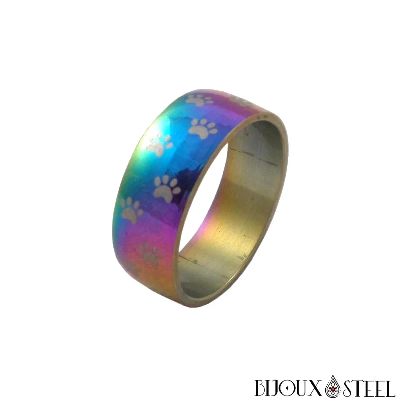 Bague arc-en-ciel à empreintes de pattes de chiens en acier chirurgical