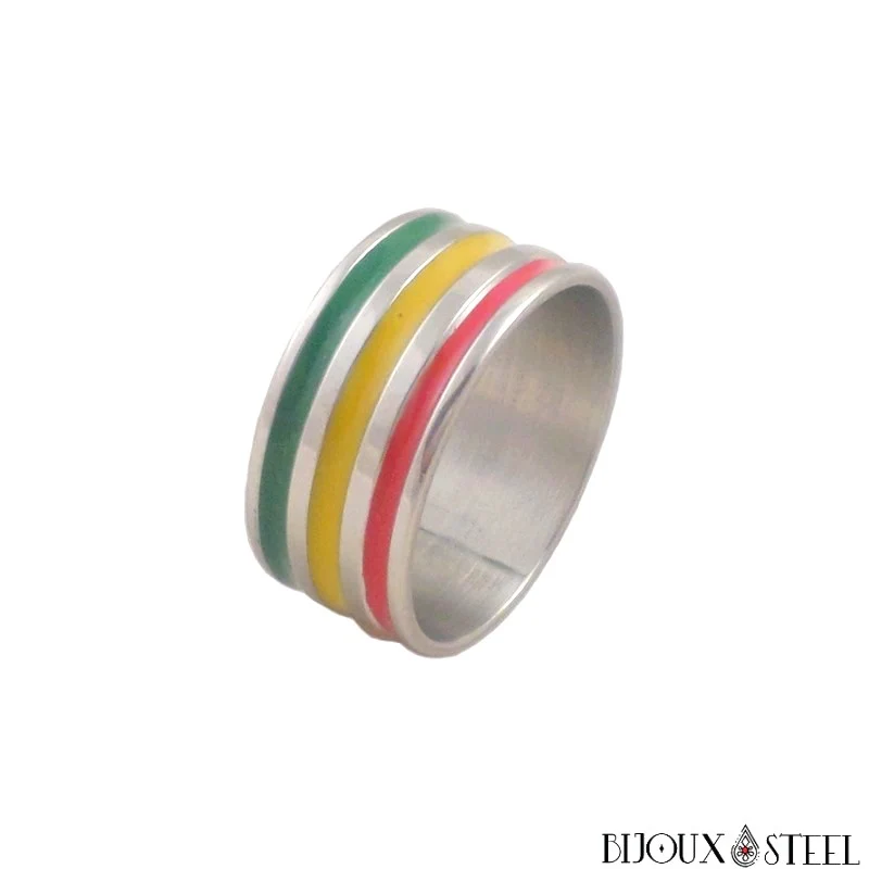Bague large argentée rasta en acier chirurgical