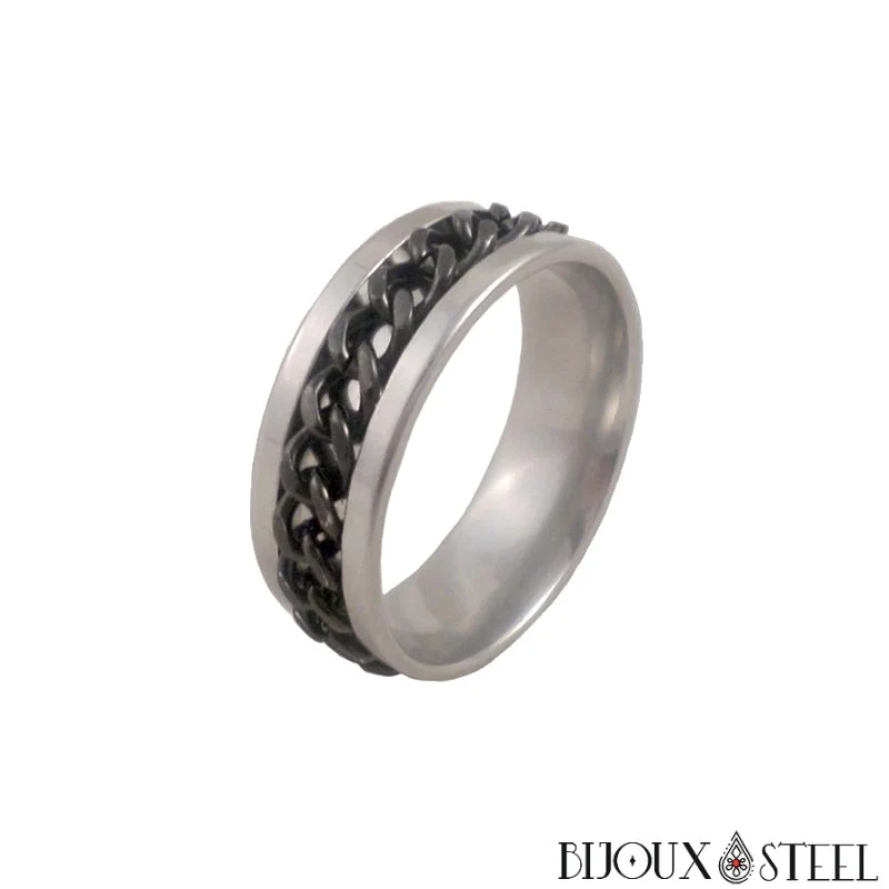 Bague argentée à chaîne noire en acier chirurgical