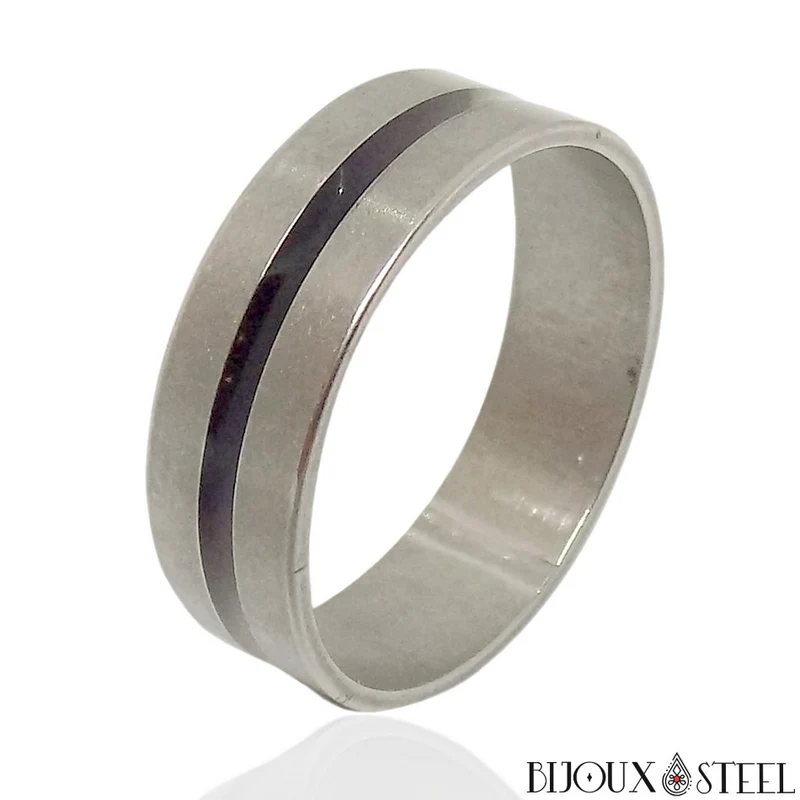 Bague homme argentée à bande noire en acier inoxydable