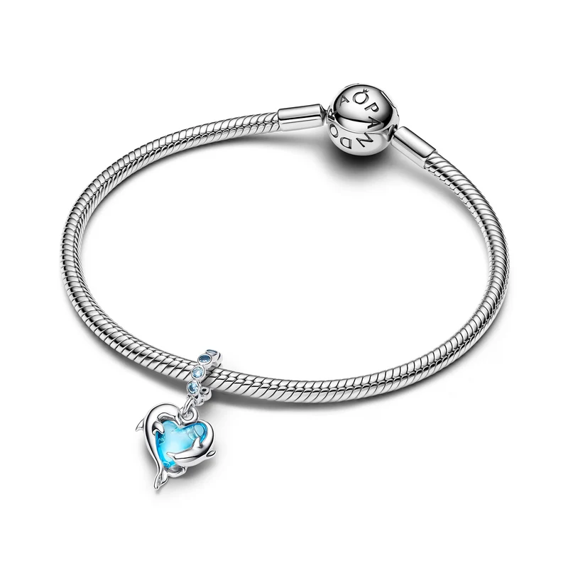 Pandora Moments 925 Sterling Silver Blue Murano Glass Dolphins Dangle Charm 793924C01