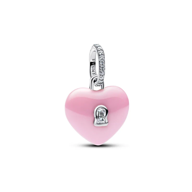 Pandora Moments 925 Sterling Silver Pink Ceramic Heart Padlock Pendant 794424C01