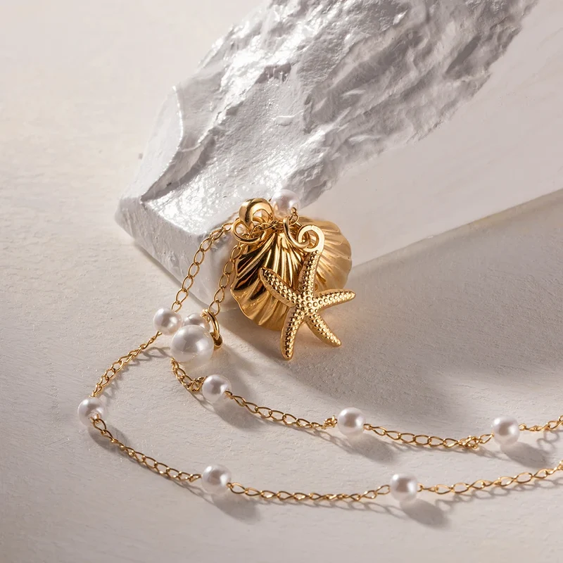 Uworld Stainless Steel Starfish Shell Texture Pendant Shell Bead Necklace Women Waterproof Jewelry Summer Holiday Gift free ship