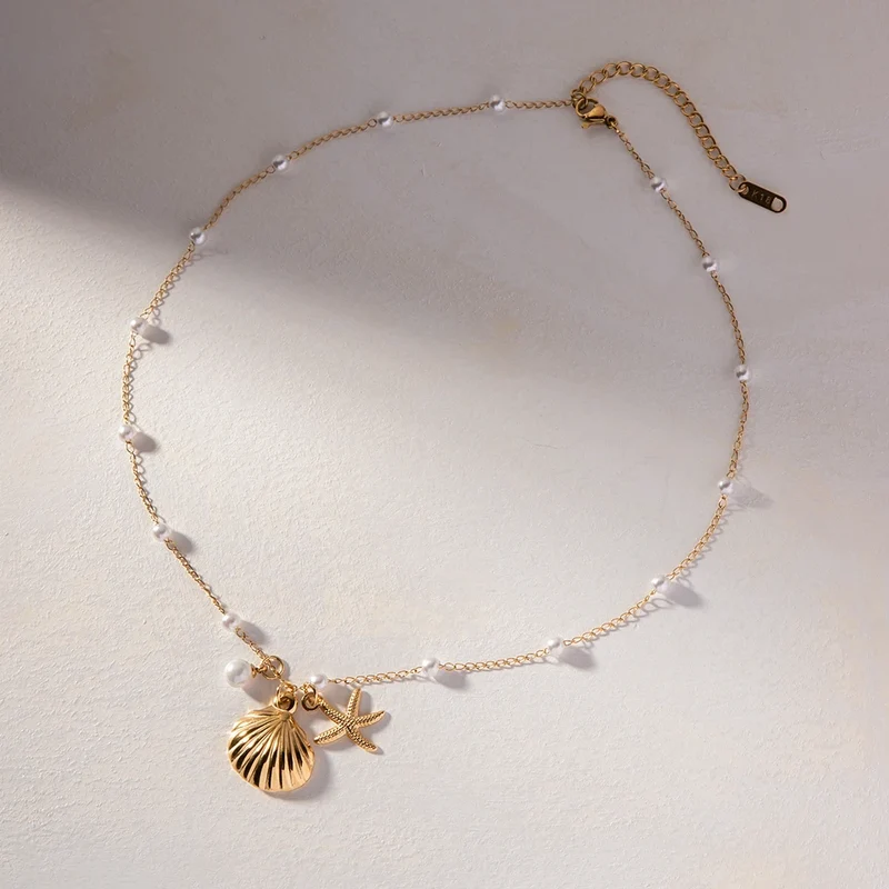 Uworld Stainless Steel Starfish Shell Texture Pendant Shell Bead Necklace Women Waterproof Jewelry Summer Holiday Gift free ship
