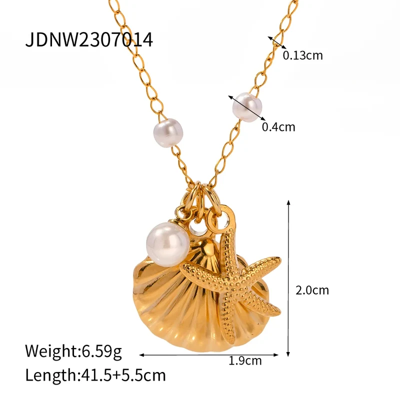 Uworld Stainless Steel Starfish Shell Texture Pendant Shell Bead Necklace Women Waterproof Jewelry Summer Holiday Gift free ship