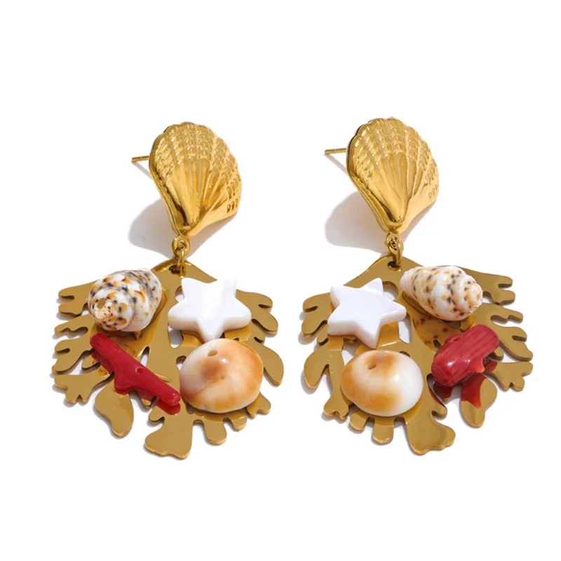 Boucles d'Oreilles Pendante Coquillage Corail