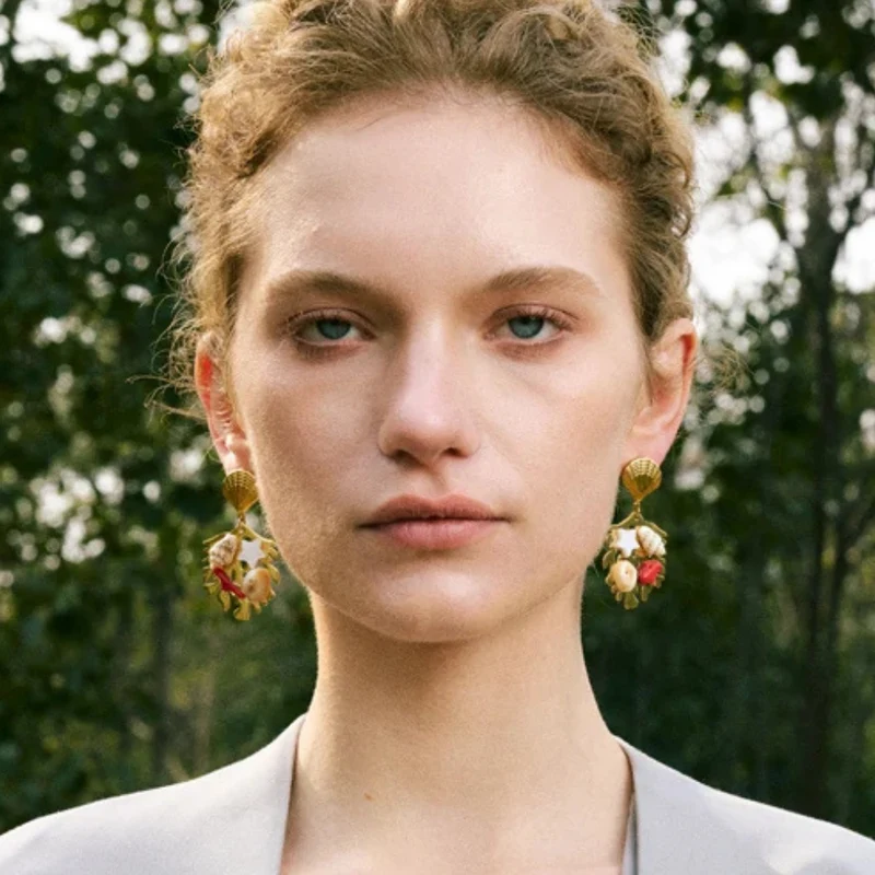 Boucles d'Oreilles Pendante Coquillage Corail