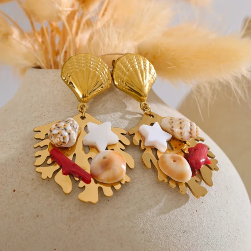 Boucles d'Oreilles Pendante Coquillage Corail