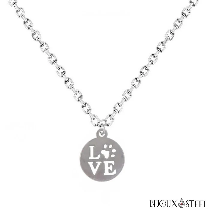 Collier à pendentif patte de chien love en acier inoxydable