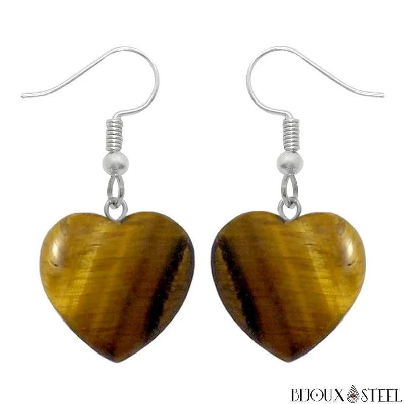 Boucles d'oreilles pendantes cœurs en pierre d’œil de tigre