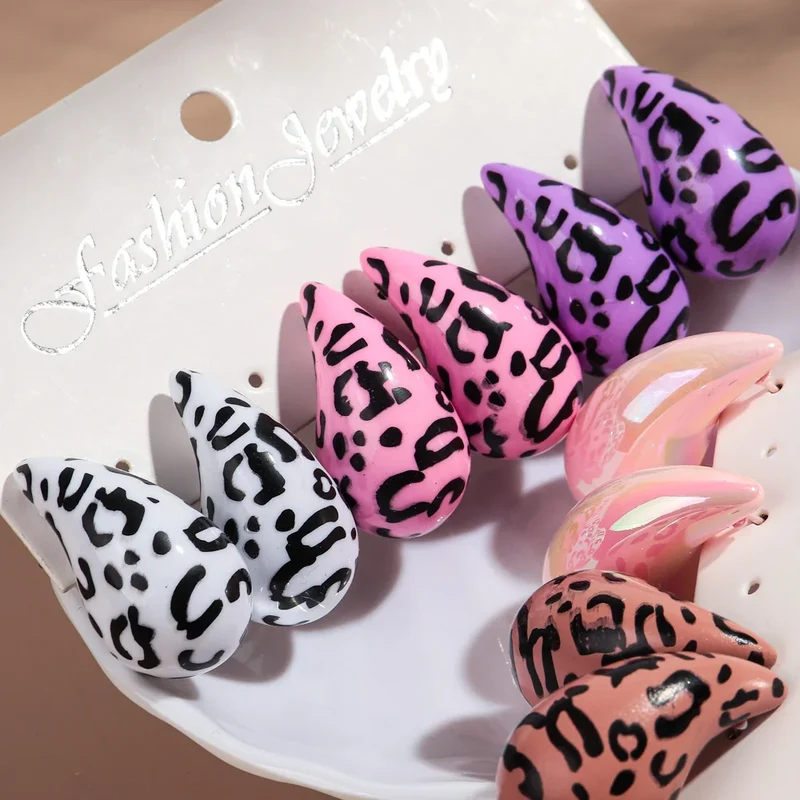New Leopard Acrylic Chunky Waterdrop Earrings Dupes for Women Vintage 3Pair/Set Dome Drop Earring Lightweight Jewelry Gifts