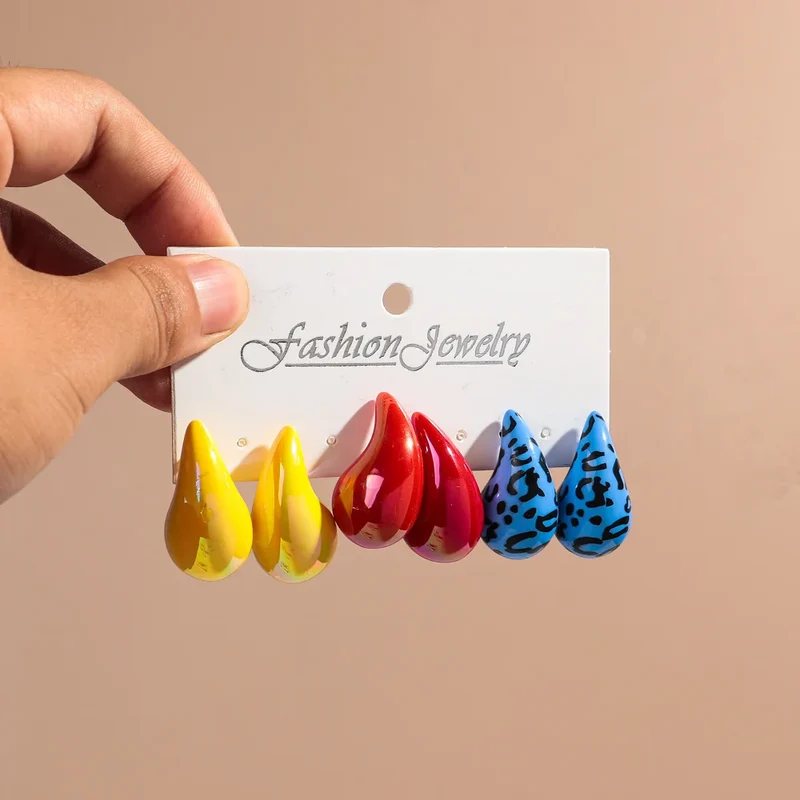 New Leopard Acrylic Chunky Waterdrop Earrings Dupes for Women Vintage 3Pair/Set Dome Drop Earring Lightweight Jewelry Gifts