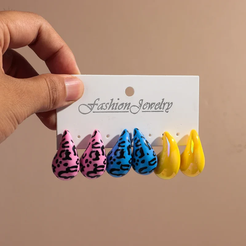 New Leopard Acrylic Chunky Waterdrop Earrings Dupes for Women Vintage 3Pair/Set Dome Drop Earring Lightweight Jewelry Gifts