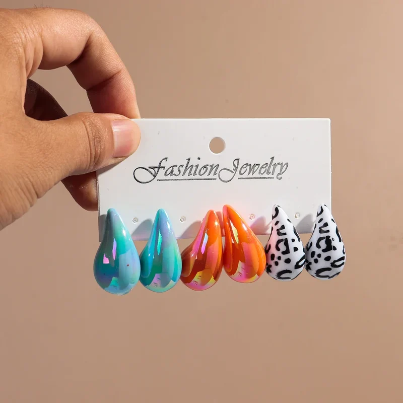 New Leopard Acrylic Chunky Waterdrop Earrings Dupes for Women Vintage 3Pair/Set Dome Drop Earring Lightweight Jewelry Gifts