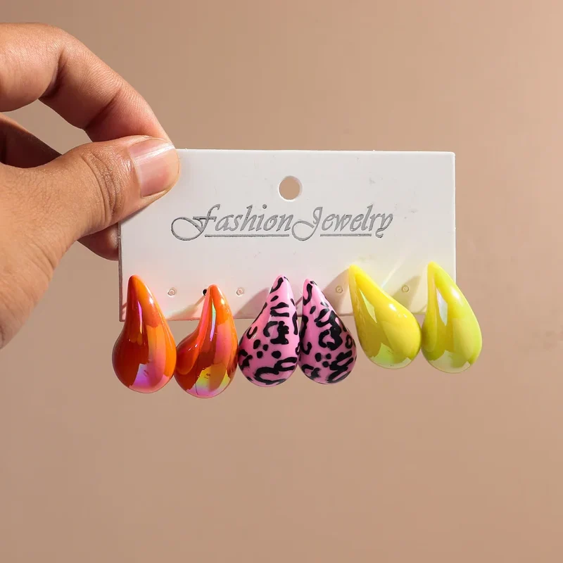 New Leopard Acrylic Chunky Waterdrop Earrings Dupes for Women Vintage 3Pair/Set Dome Drop Earring Lightweight Jewelry Gifts