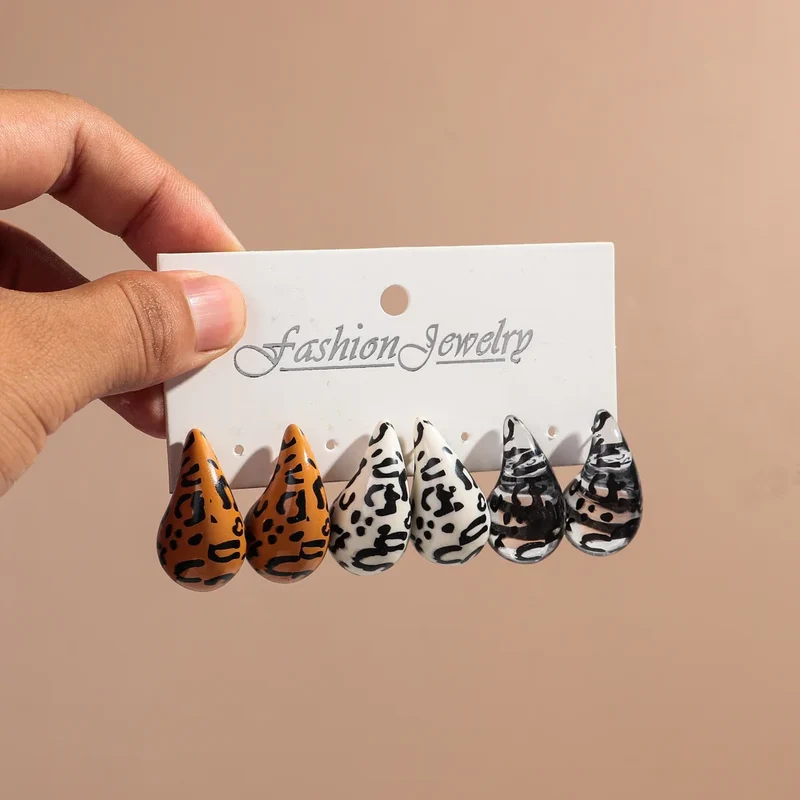 New Leopard Acrylic Chunky Waterdrop Earrings Dupes for Women Vintage 3Pair/Set Dome Drop Earring Lightweight Jewelry Gifts