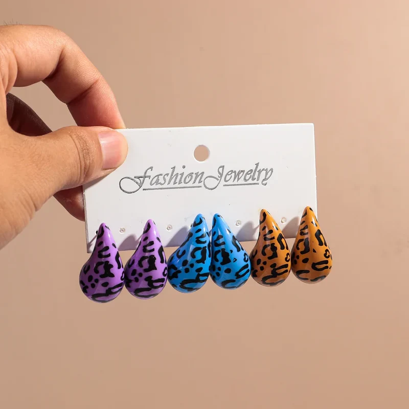 New Leopard Acrylic Chunky Waterdrop Earrings Dupes for Women Vintage 3Pair/Set Dome Drop Earring Lightweight Jewelry Gifts