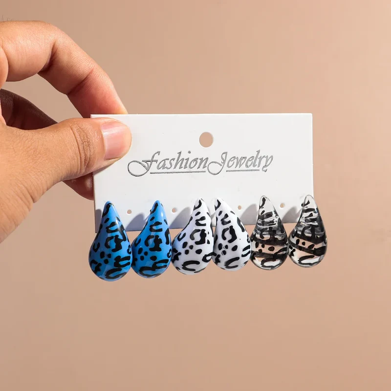New Leopard Acrylic Chunky Waterdrop Earrings Dupes for Women Vintage 3Pair/Set Dome Drop Earring Lightweight Jewelry Gifts